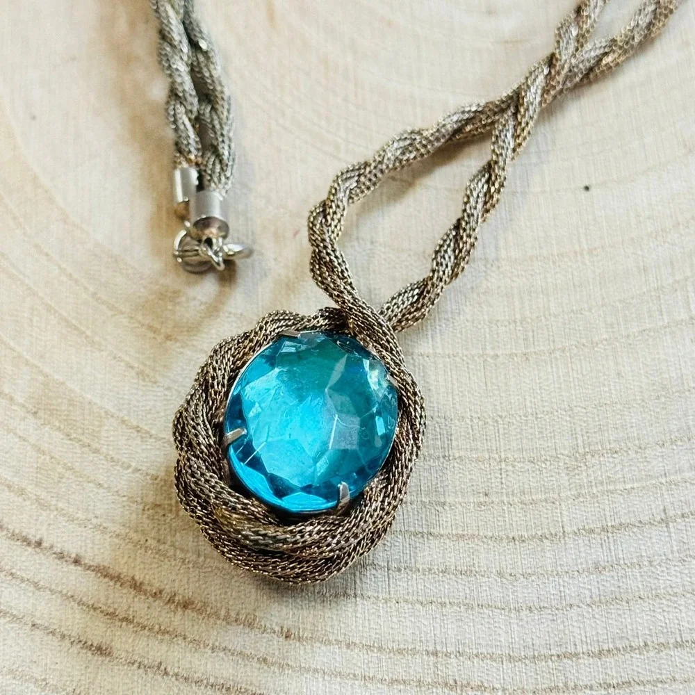 VTG Victorian style Regal necklace Aqua Blue glass Statement Mesh Braided 60s
